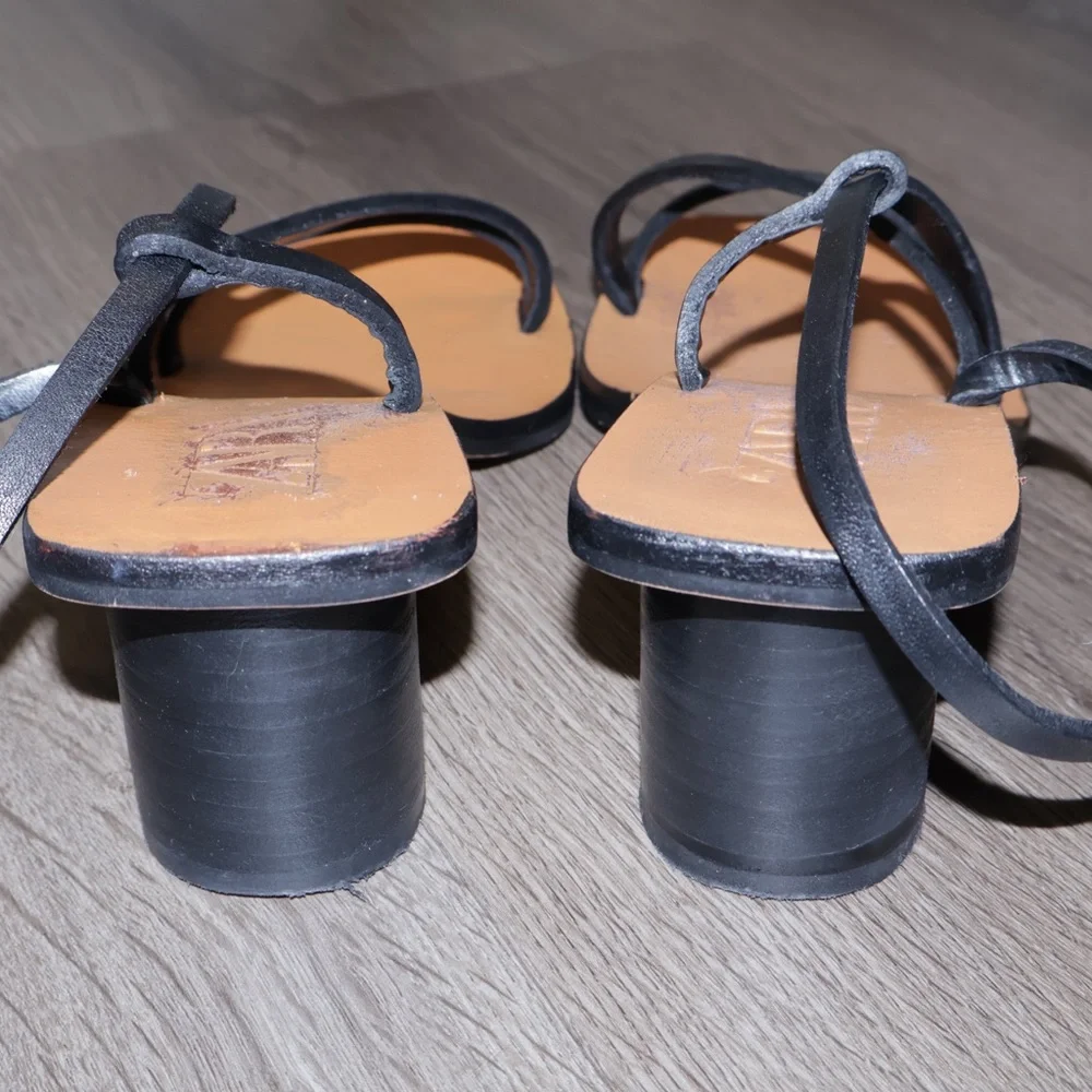 ZARA REAL LEATHER STRAPPY HIGH-HEEL SANDALS BLACK CIRCULAR HEEL 37 - Picture 4 of 9